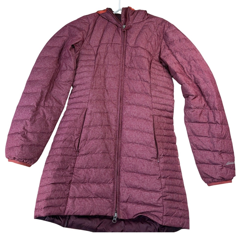 Eddie Bauer Women XS Down Parka Jacket Burgundy Heathered Hooded Puffer Longline